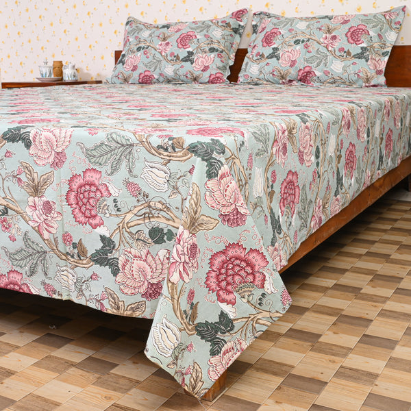 Cotton Turkish Blue Pink Floral Print Queen Size Bedsheet