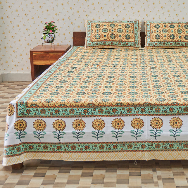 Cotton Long Bel Peach Green Queen Size Bedsheet