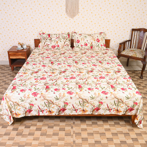 Cotton White Red-Green Floral Queen Size Bedsheet