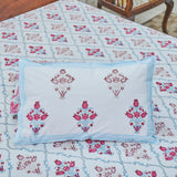 Cotton Carolina White Blue Red Floral Block Print Queen Size Bedsheet