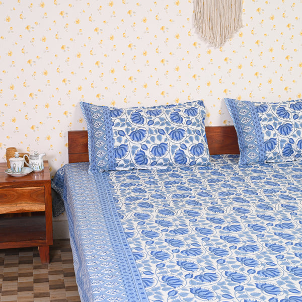 Cotton White Blue Morning Glory Queen Size Bedsheet