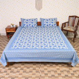 Cotton White Blue Floral Jaal Queen Size Bedsheet