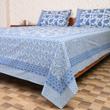 Cotton White Blue Floral Jaal Queen Size Bedsheet