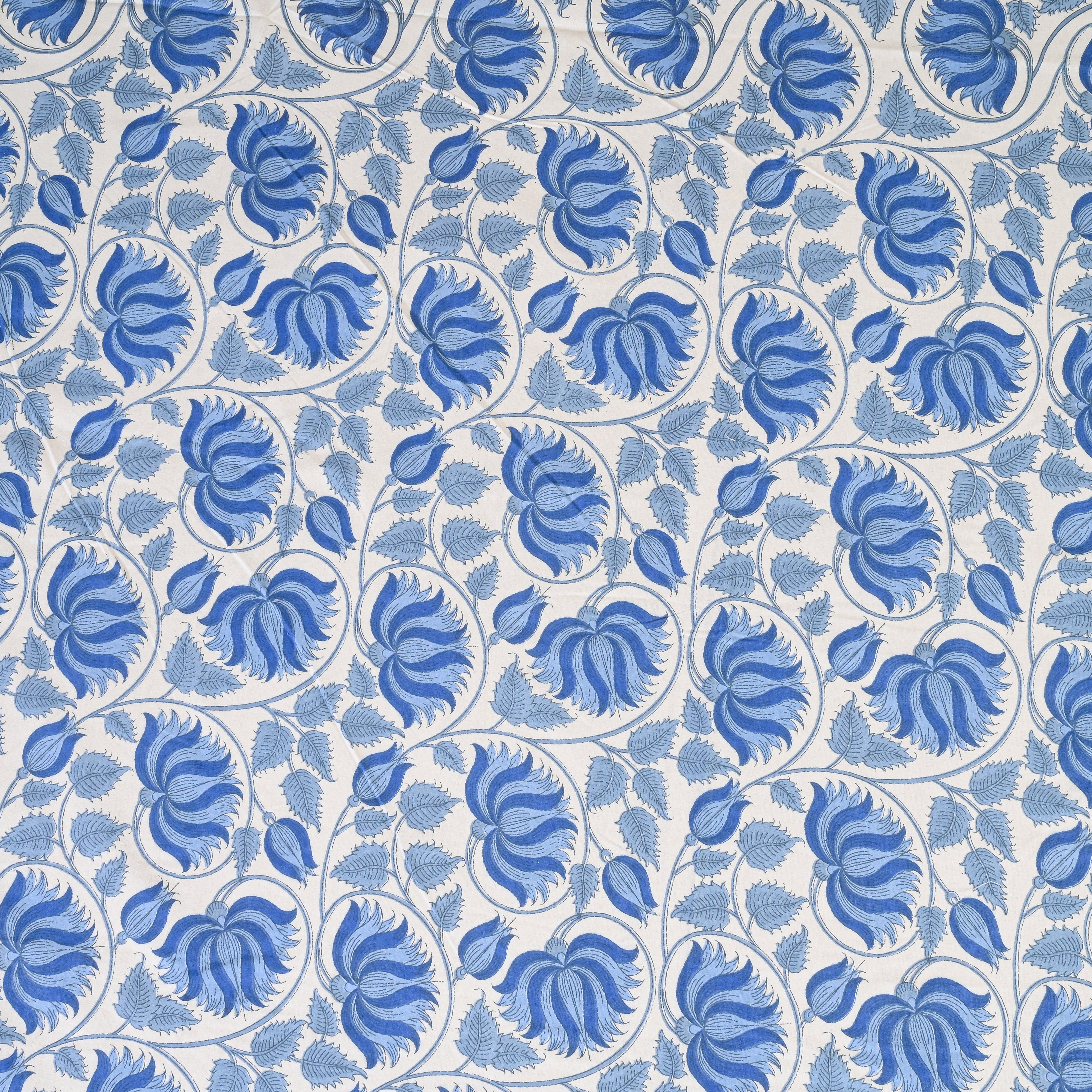 Cotton White Blue Floral Jaal Queen Size Bedsheet