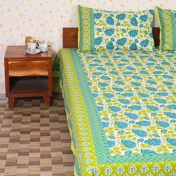 Cotton White Green Blue Morning Glory Queen Size Bedsheet