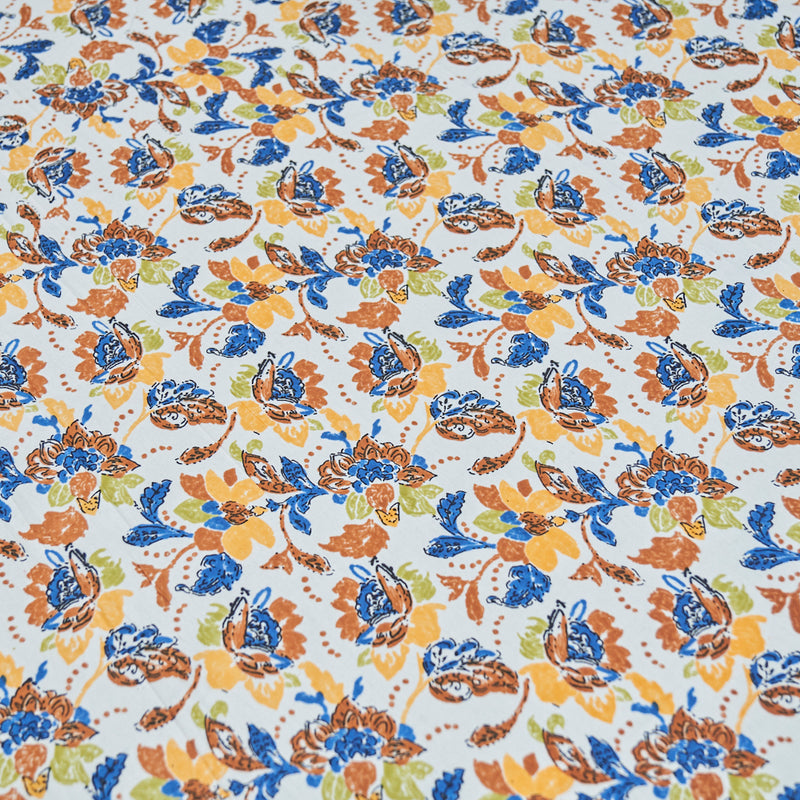 Cotton Brown Blue Floral White Queen Size Bedsheet
