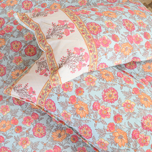 Cotton Sky Blue Orange Floral Jaal Queen Size Bedsheet