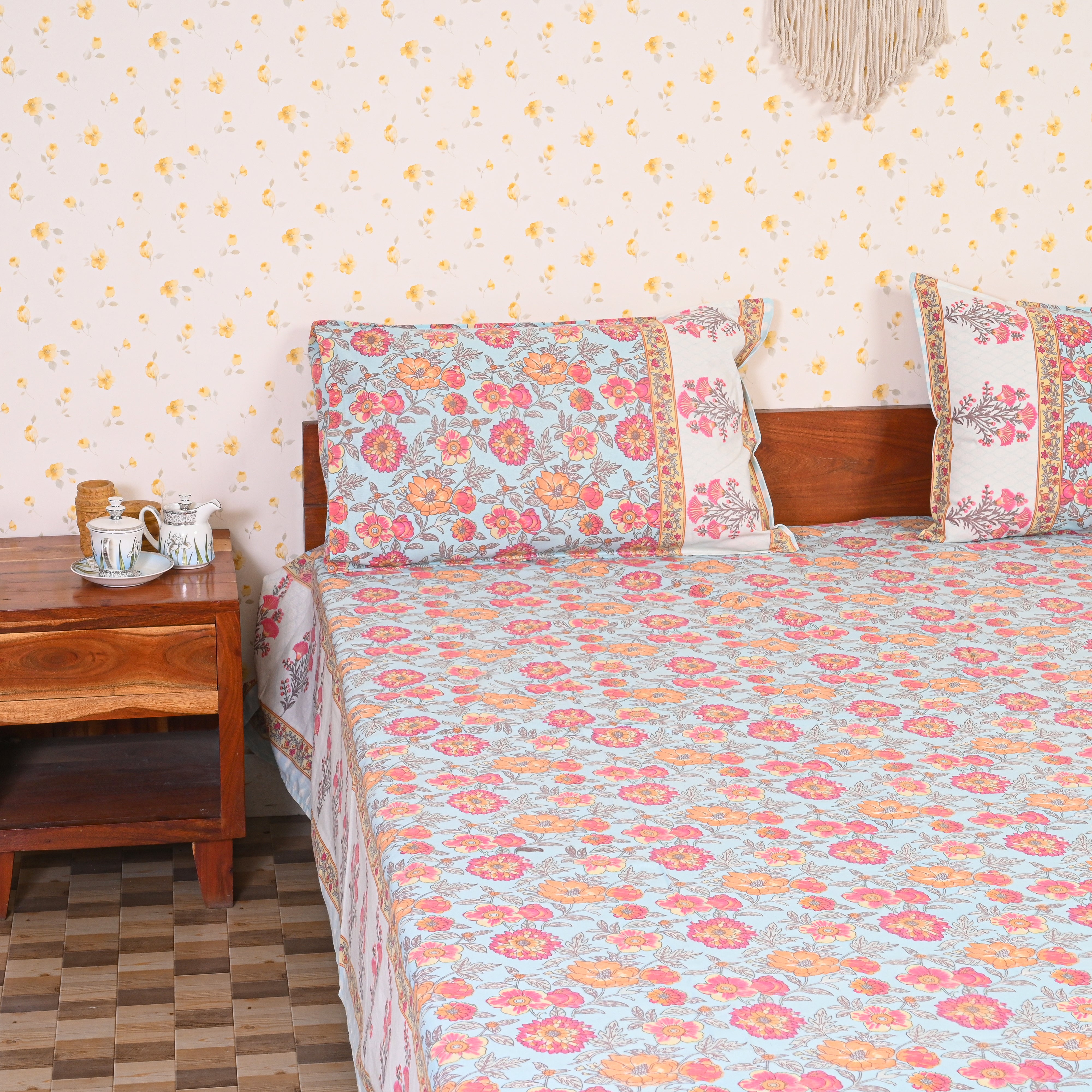 Cotton Sky Blue Orange Floral Jaal Queen Size Bedsheet