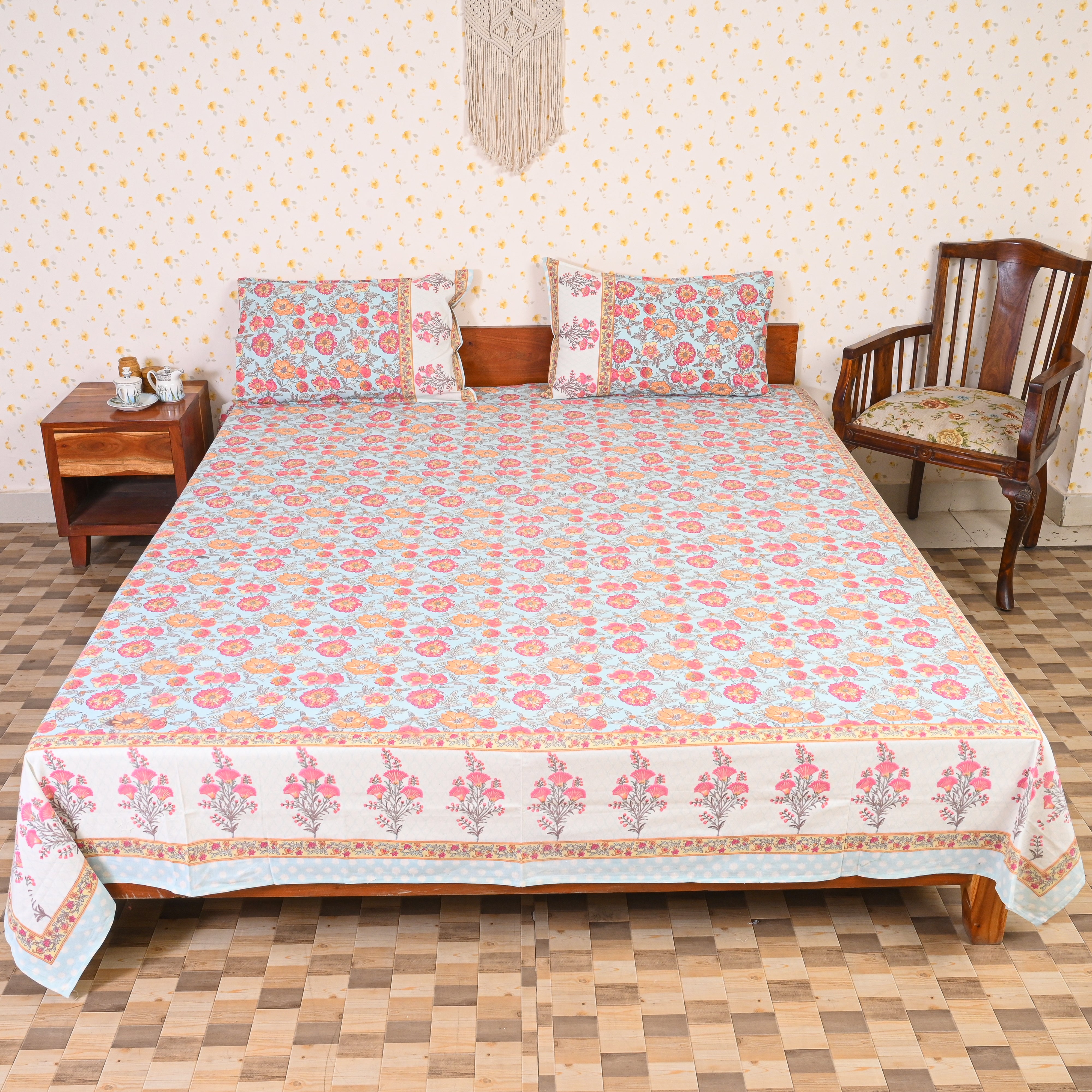 Cotton Sky Blue Orange Floral Jaal Queen Size Bedsheet