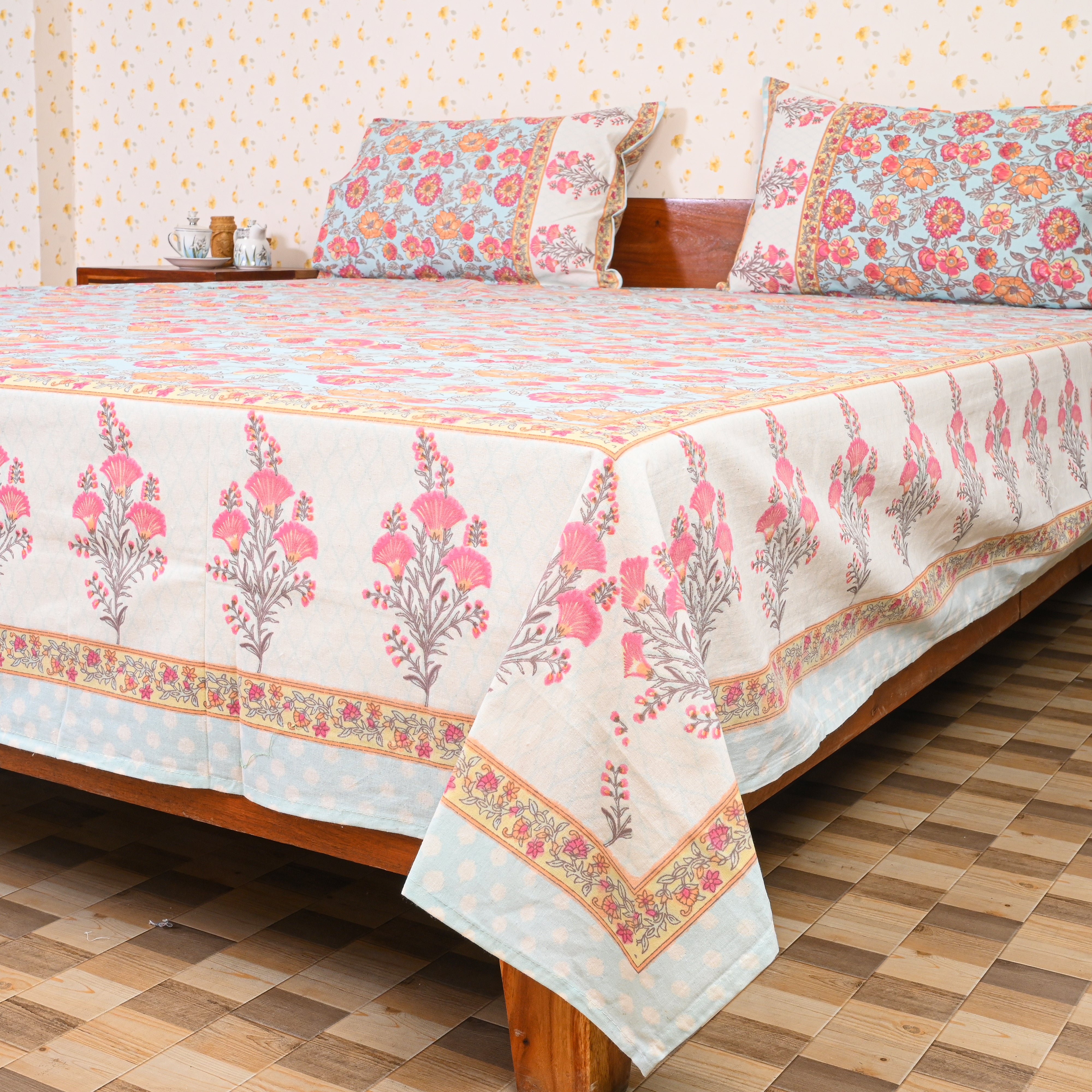 Cotton Sky Blue Orange Floral Jaal Queen Size Bedsheet