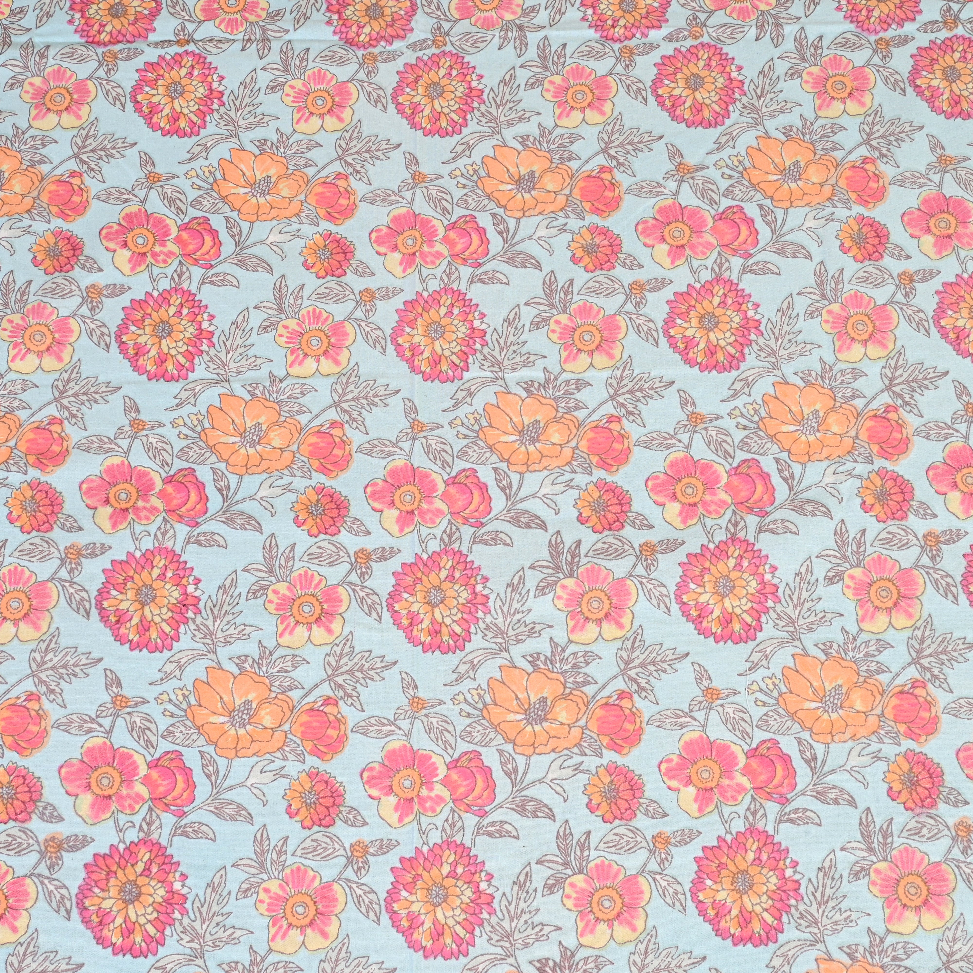 Cotton Sky Blue Orange Floral Jaal Queen Size Bedsheet