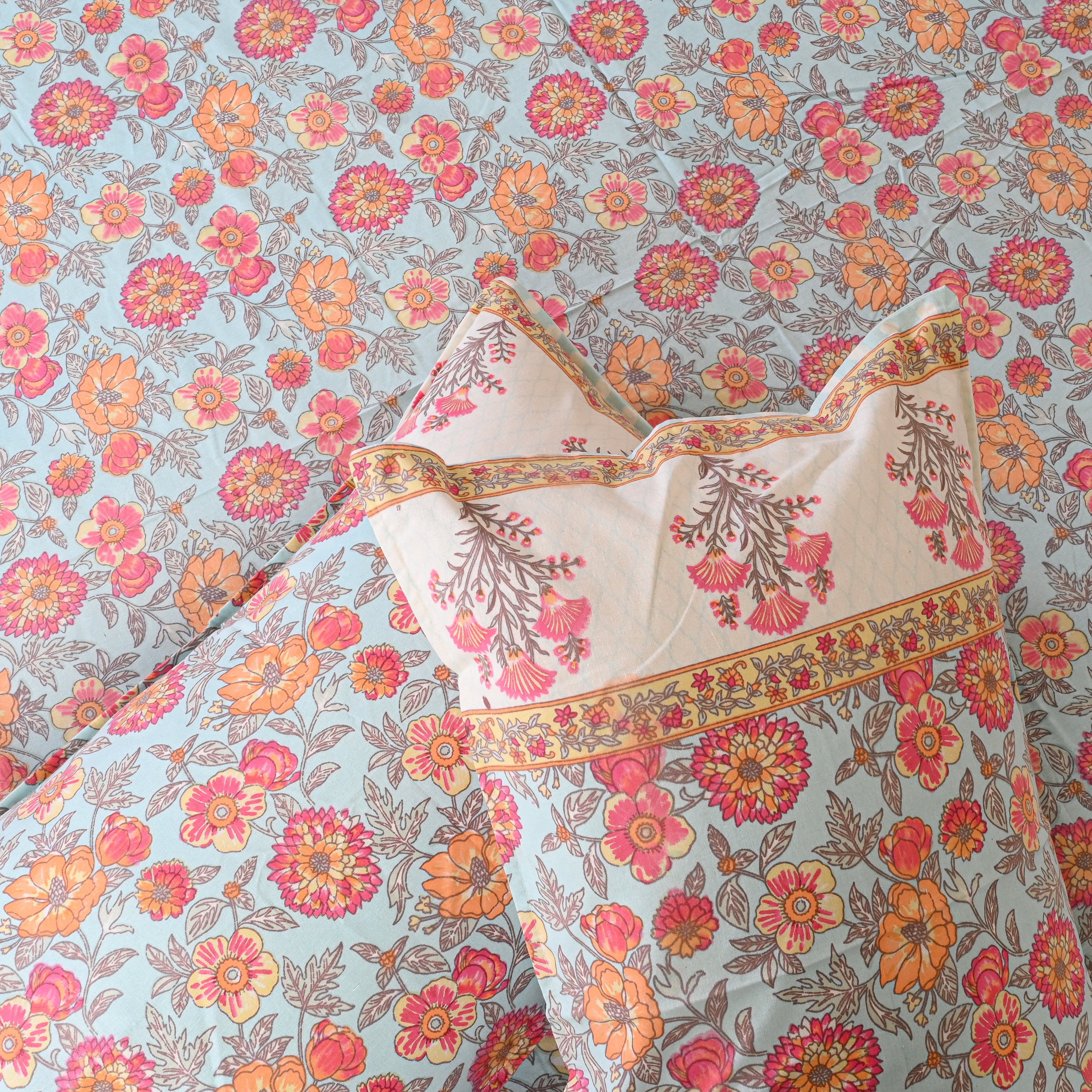 Cotton Sky Blue Orange Floral Jaal Queen Size Bedsheet