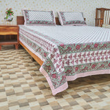 Cotton Red-Green Floral White Queen Size Bedsheet