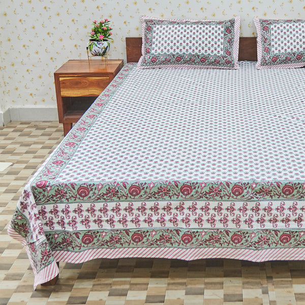 Cotton Red-Green Floral White Queen Size Bedsheet