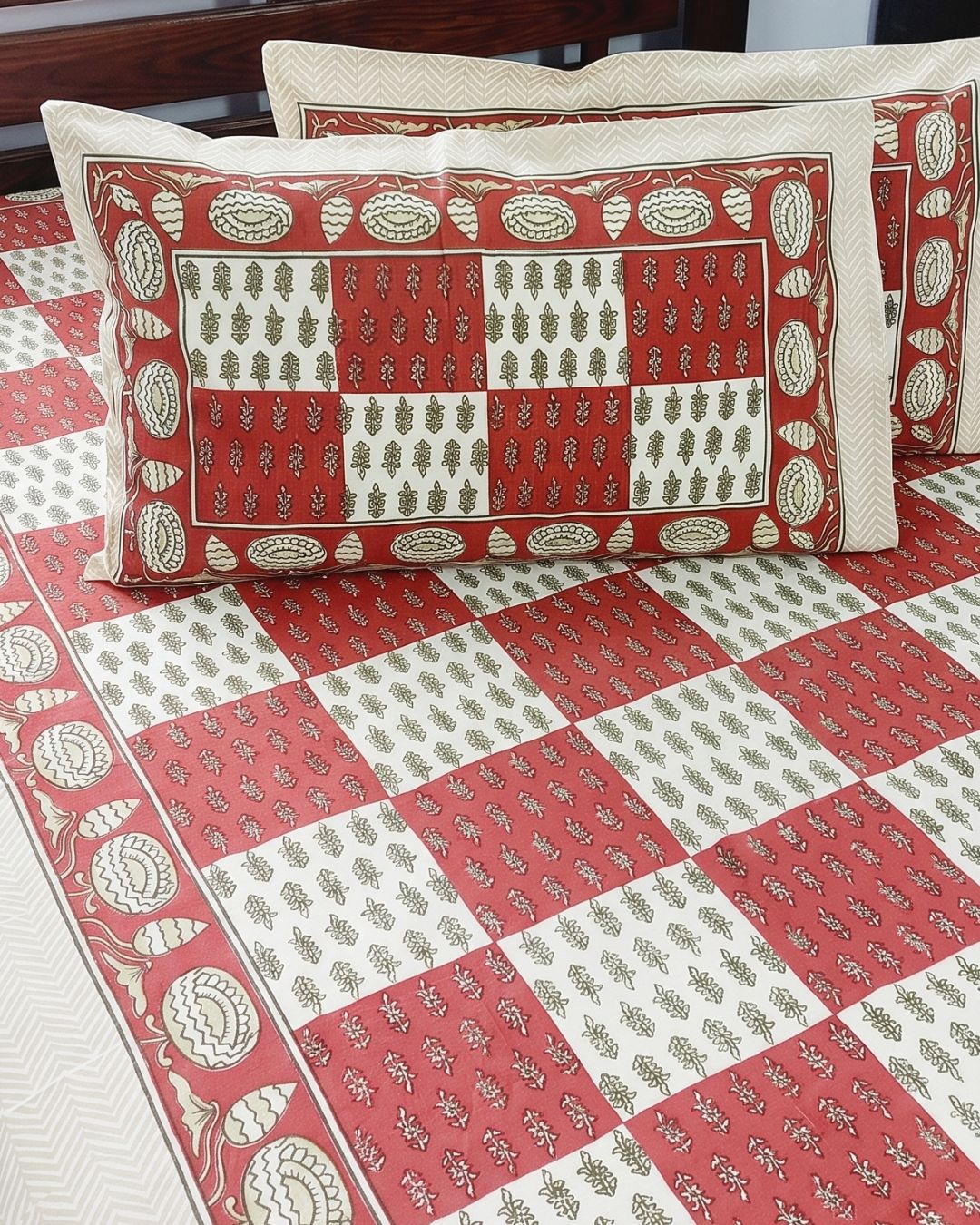 Cotton Queen Size Bedsheet –Terracotta Red Geometric Print