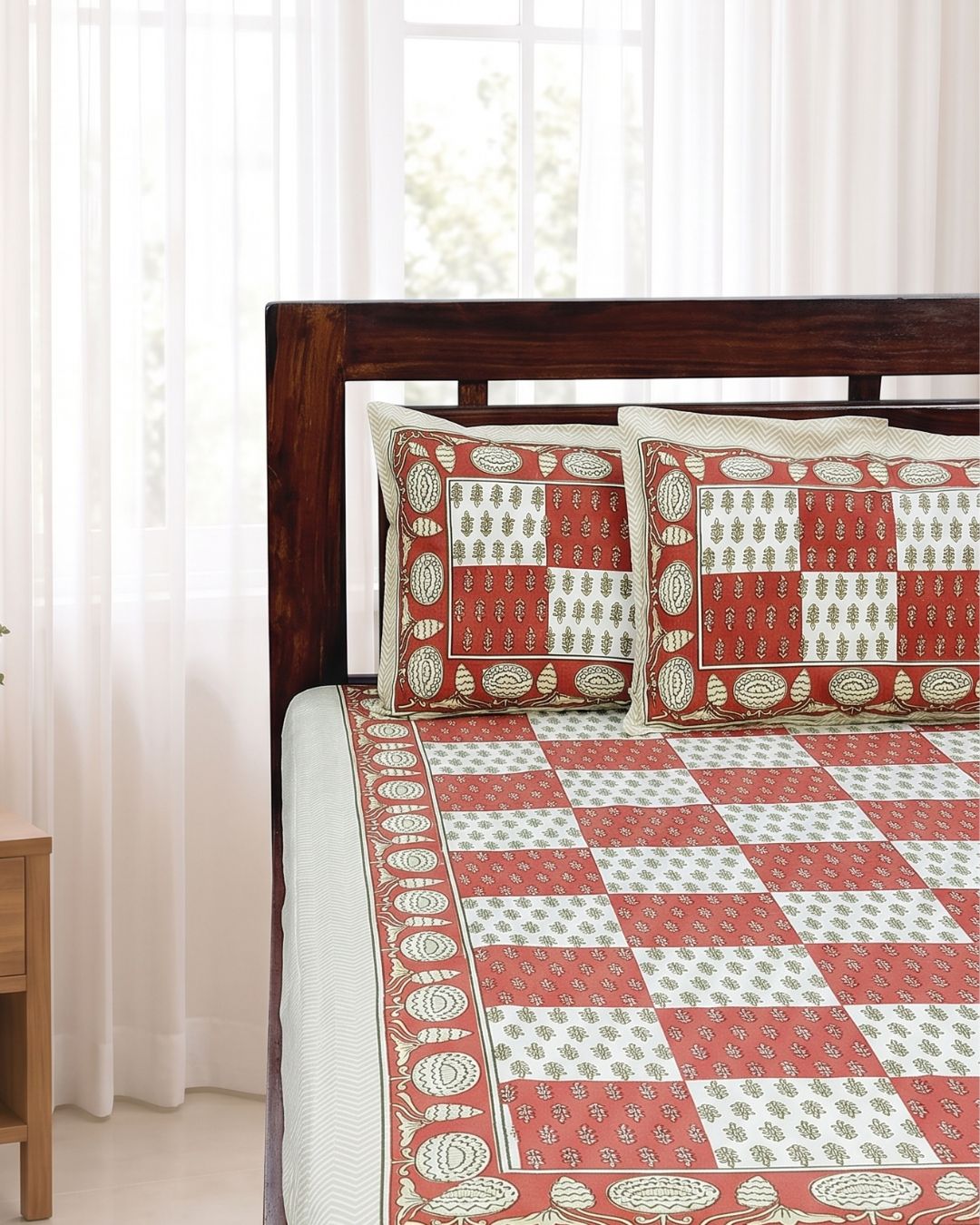 Cotton Queen Size Bedsheet –Terracotta Red Geometric Print