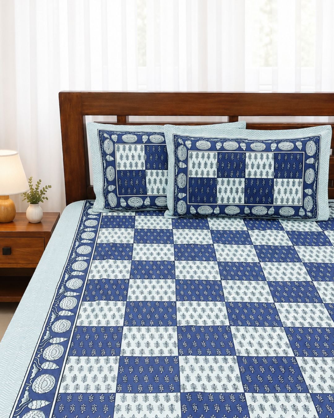 Cotton Queen Size Bedsheet – Indigo Blue geometric checkered patchwork Print