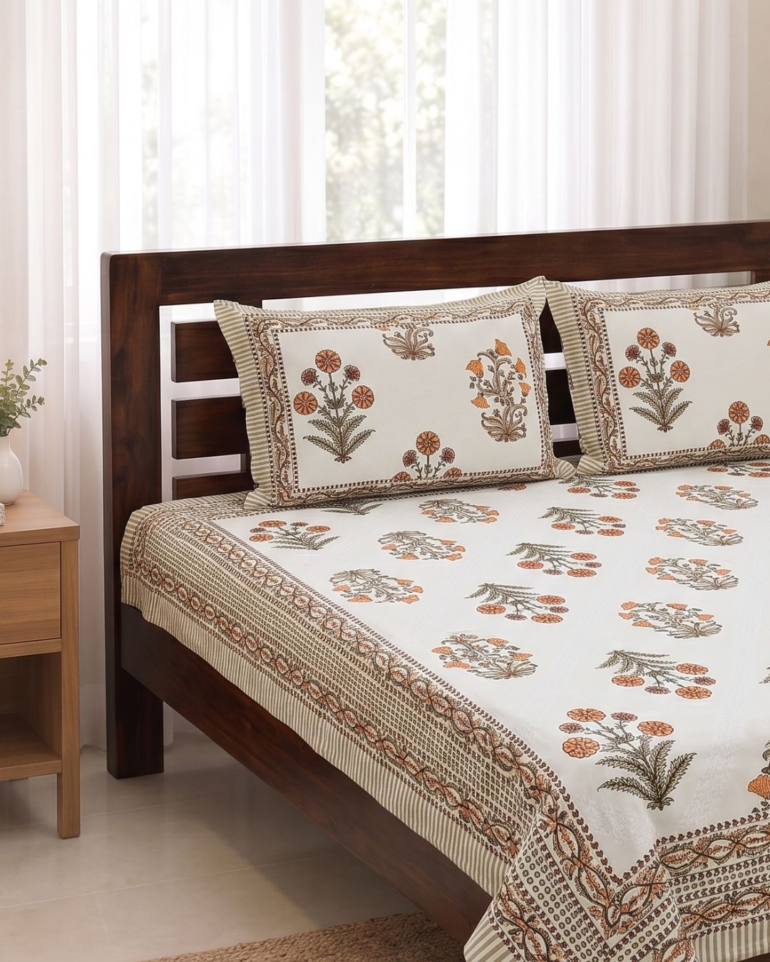 Cotton Queen Size Bedsheet – Orange and Brown Floral Print