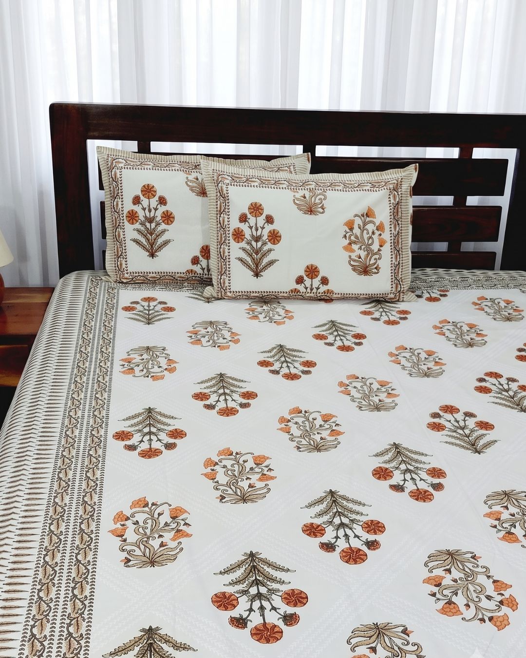 Cotton Queen Size Bedsheet – Orange and Brown Floral Print