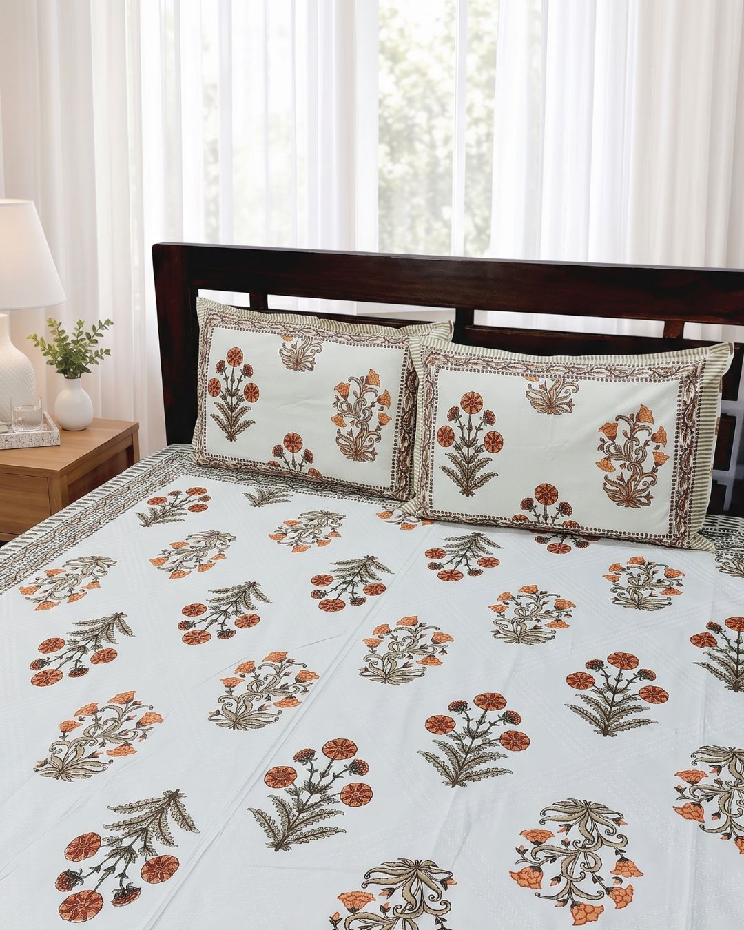 Cotton Queen Size Bedsheet – Orange and Brown Floral Print