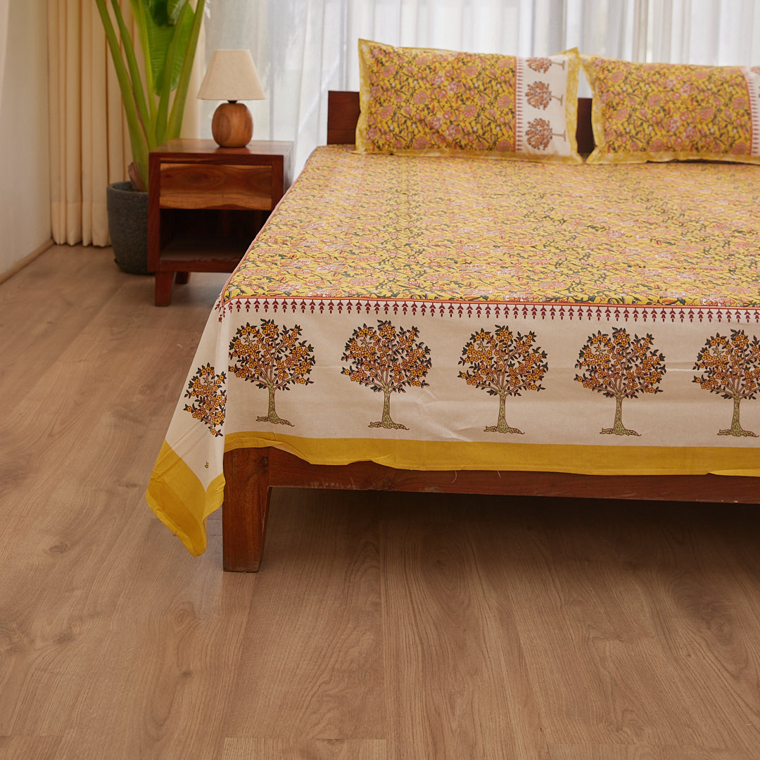 Cotton Mustard Floral Queen Size Bedsheet