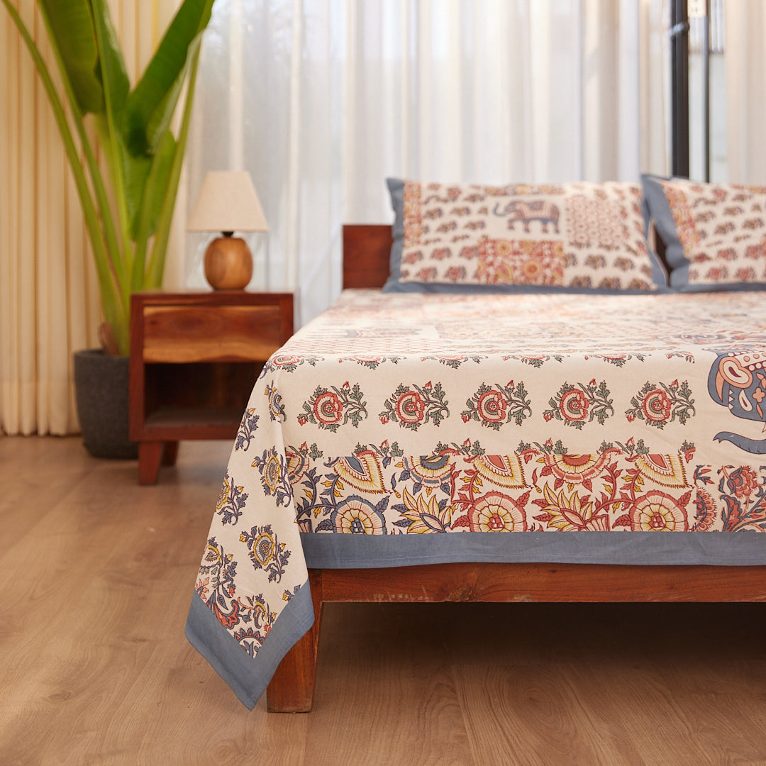 Cotton Pink-Blue Floral Queen Size Bedsheet