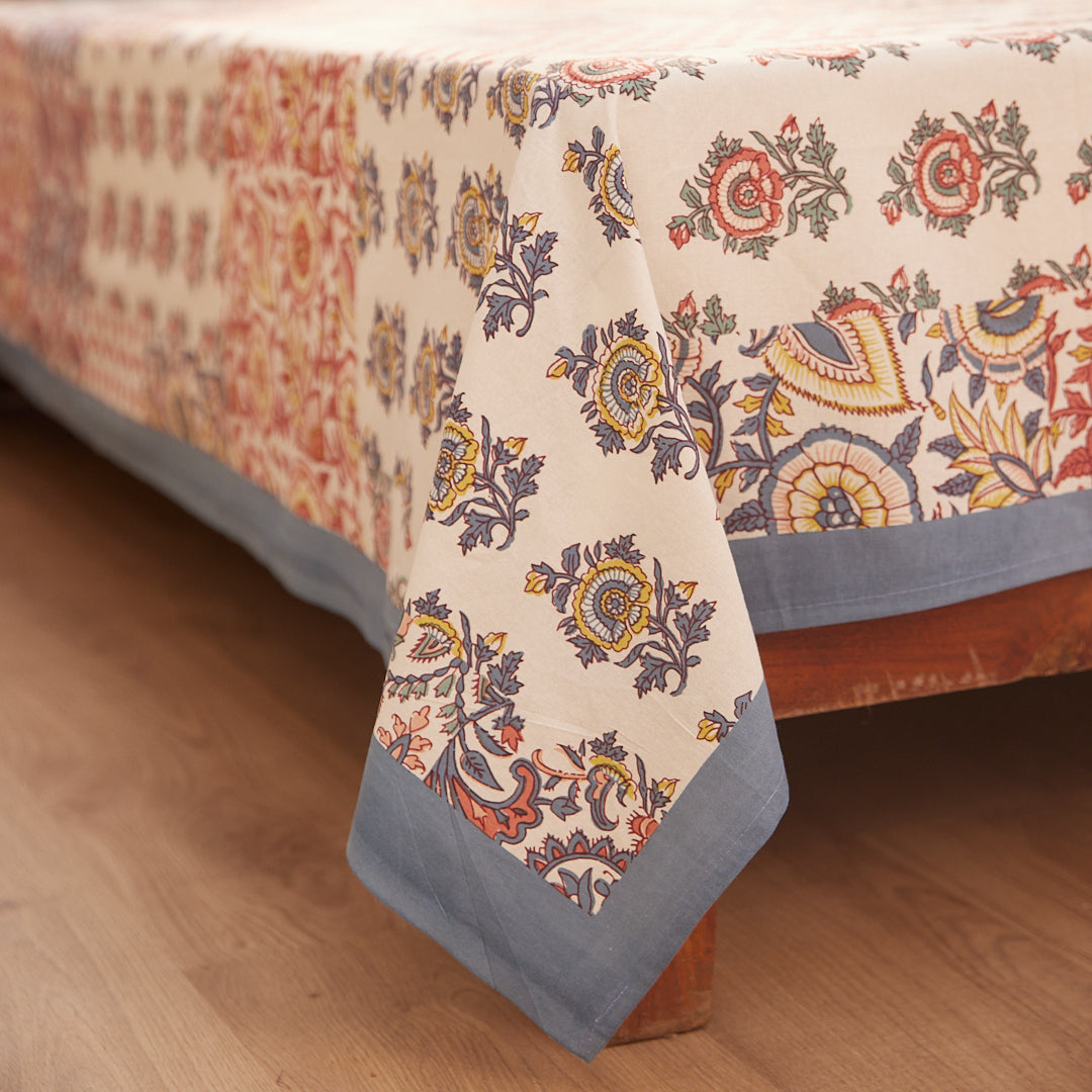 Cotton Pink-Blue Floral Queen Size Bedsheet