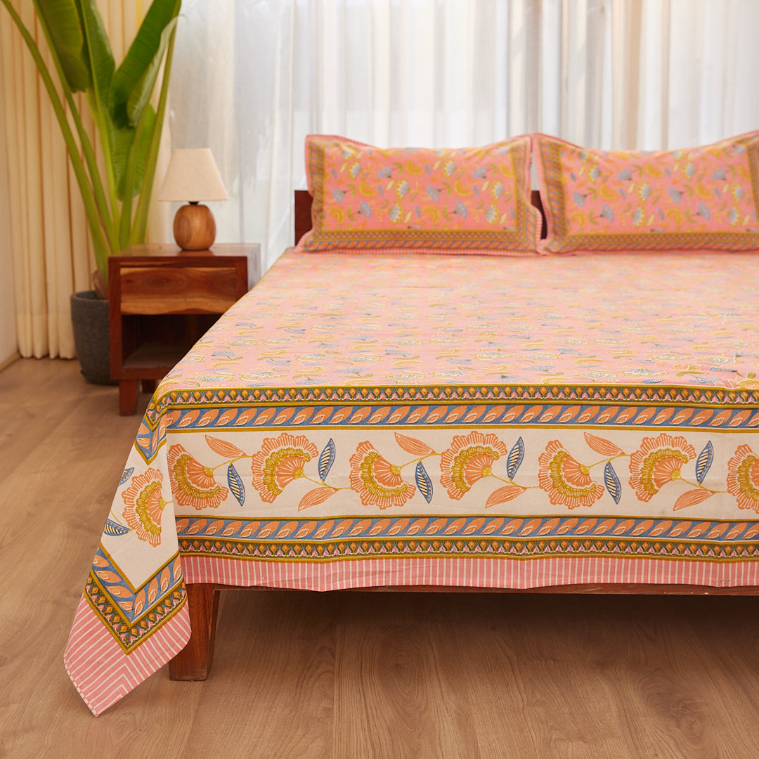 Cotton Pink-Blue Floral Queen Size Bedsheet