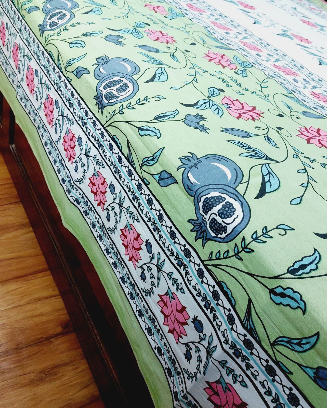 Cotton Light Green-Blue Pink Floral Queen Size Bedsheet