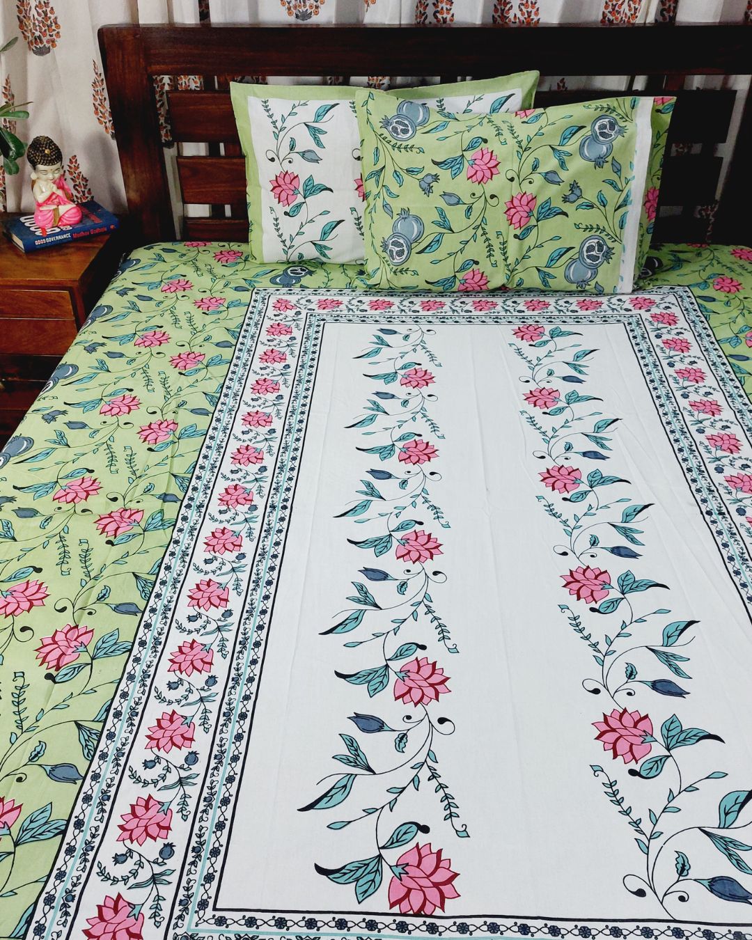 Cotton Light Green-Blue Pink Floral Queen Size Bedsheet