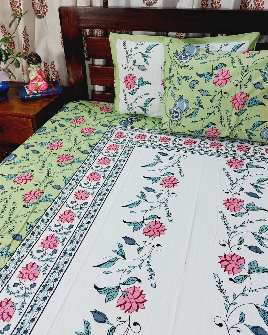 Cotton Light Green-Blue Pink Floral Queen Size Bedsheet