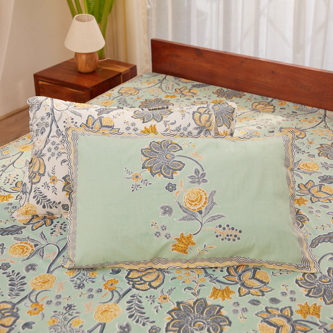 Cotton Blue-Yellow Floral Queen Size Bedsheet