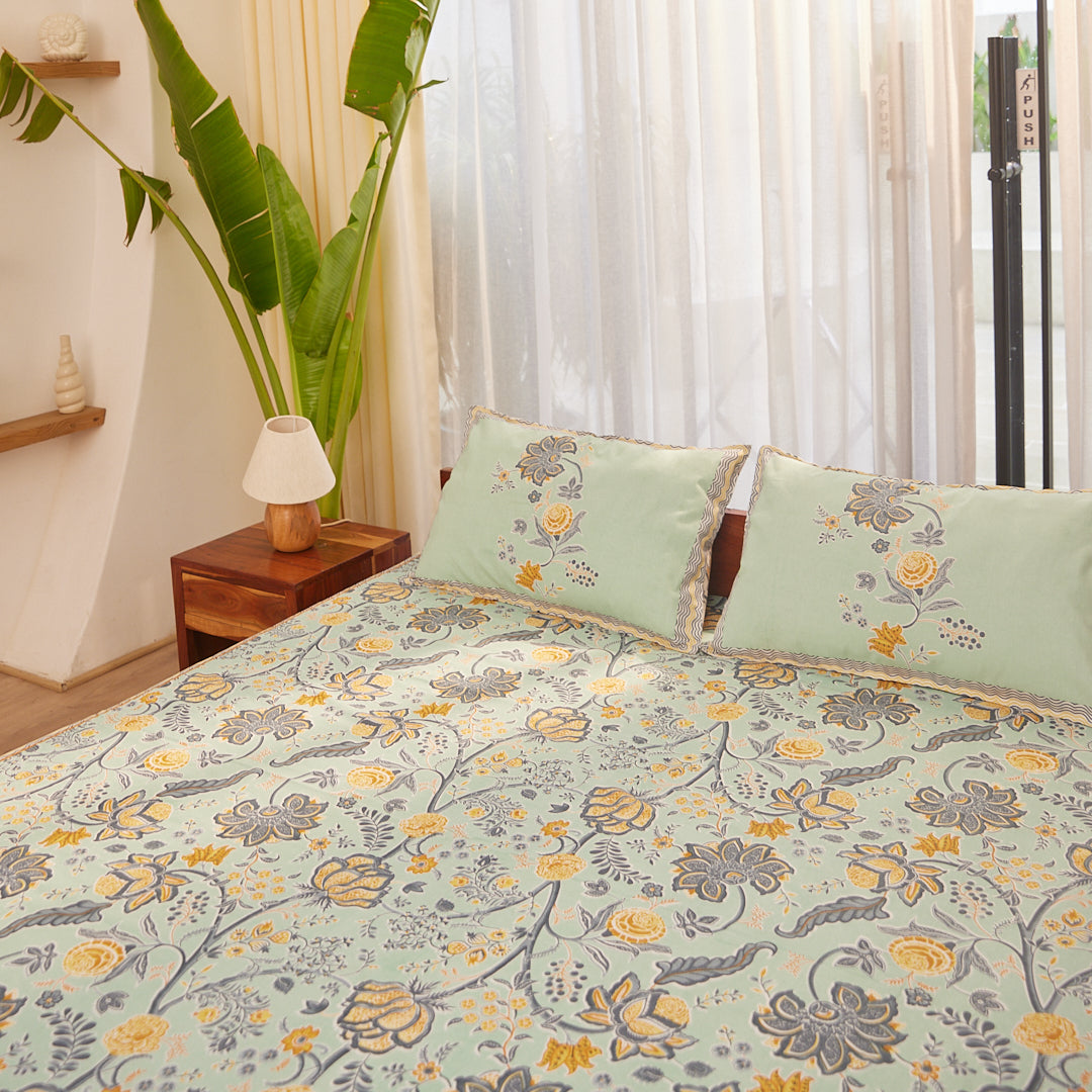 Cotton Blue-Yellow Floral Queen Size Bedsheet