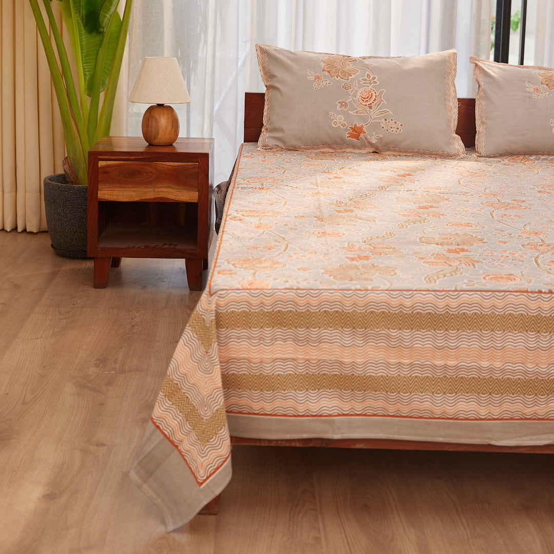 Cotton Blue-Pink Floral Queen Size Bedsheet