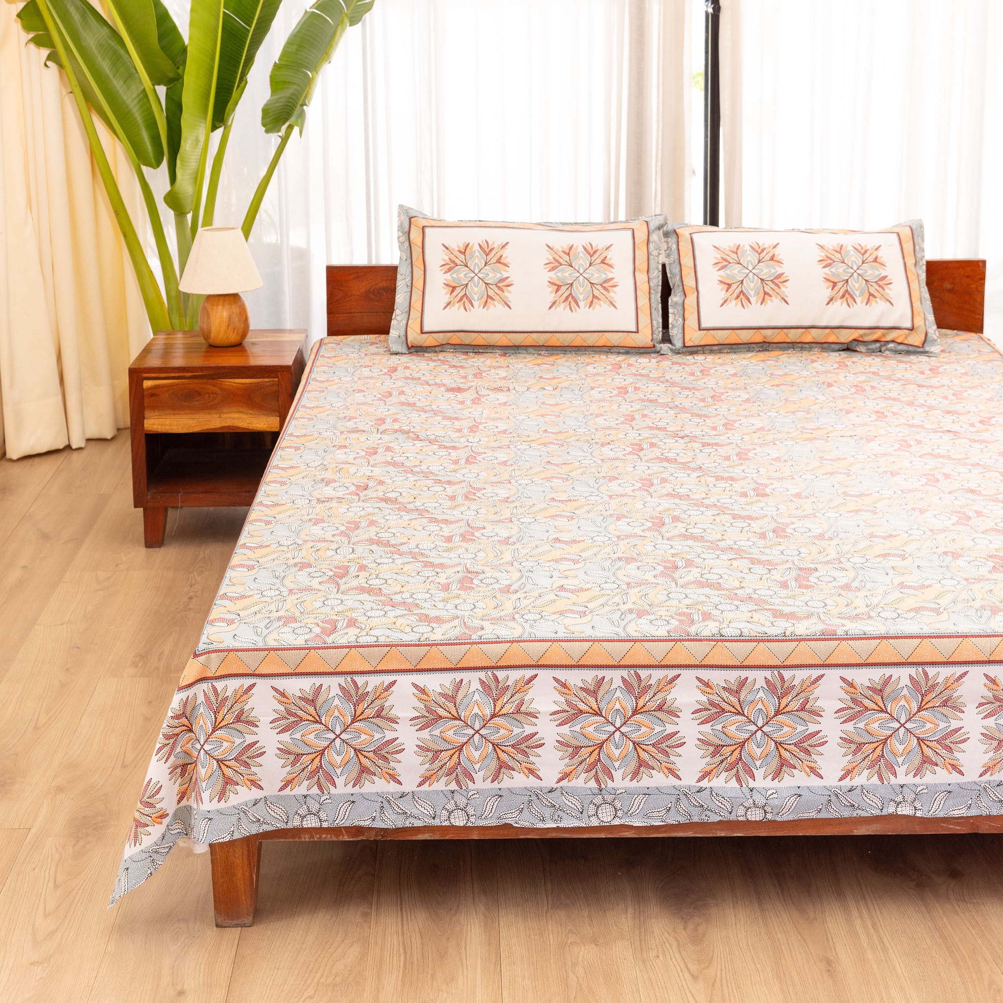 Cotton Orenji Floral Queen Size Bedsheet