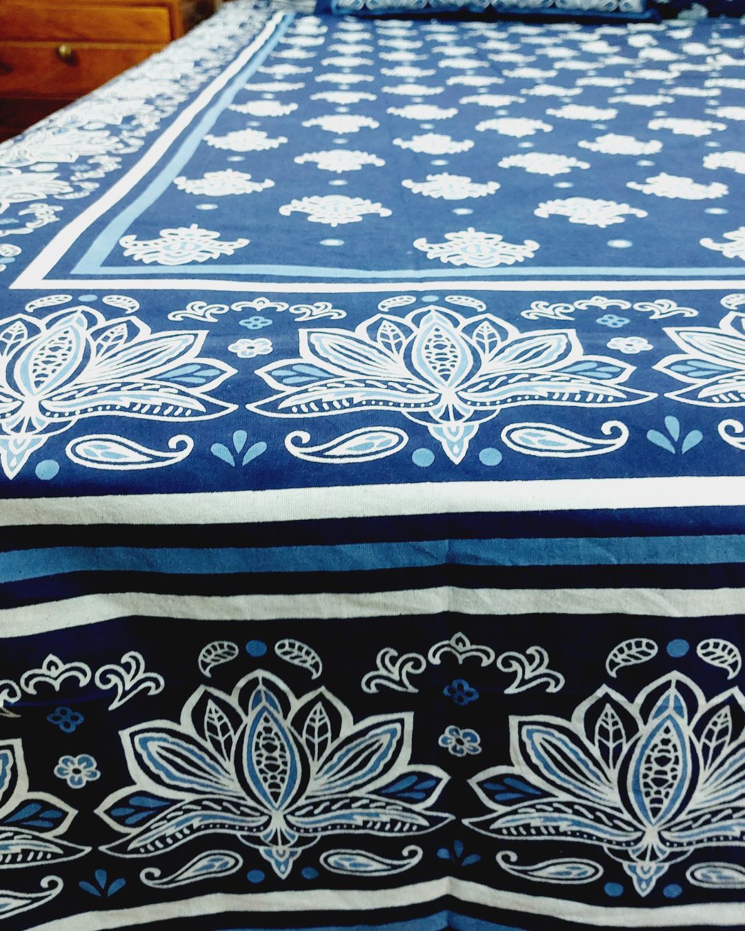 Cotton Queen Size Bedsheet Blue Lotus Print