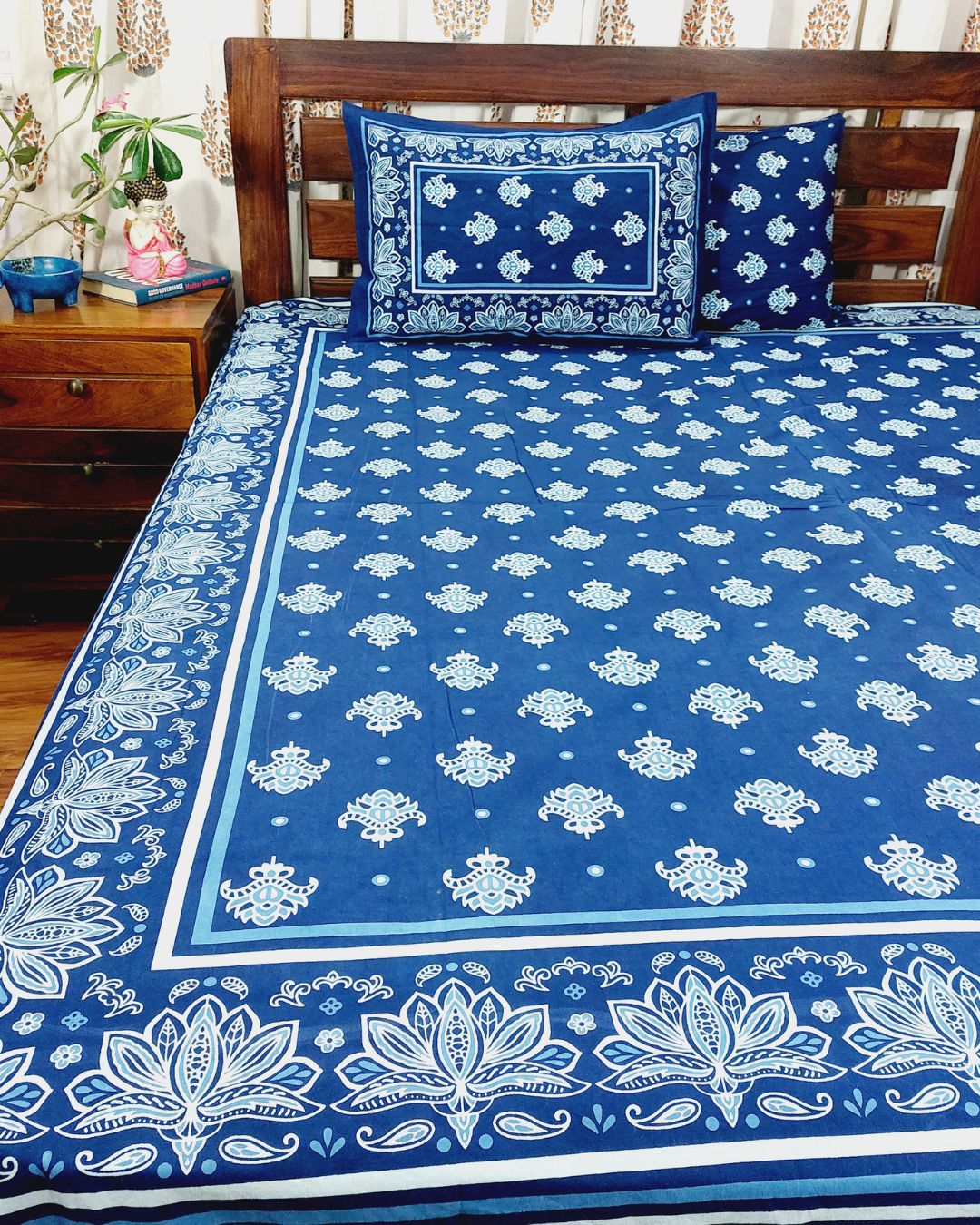 Cotton Queen Size Bedsheet Blue Lotus Print
