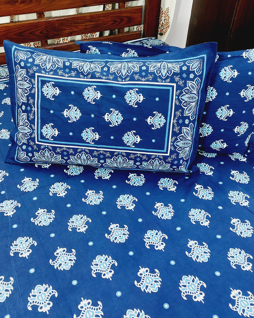 Cotton Queen Size Bedsheet Blue Lotus Print