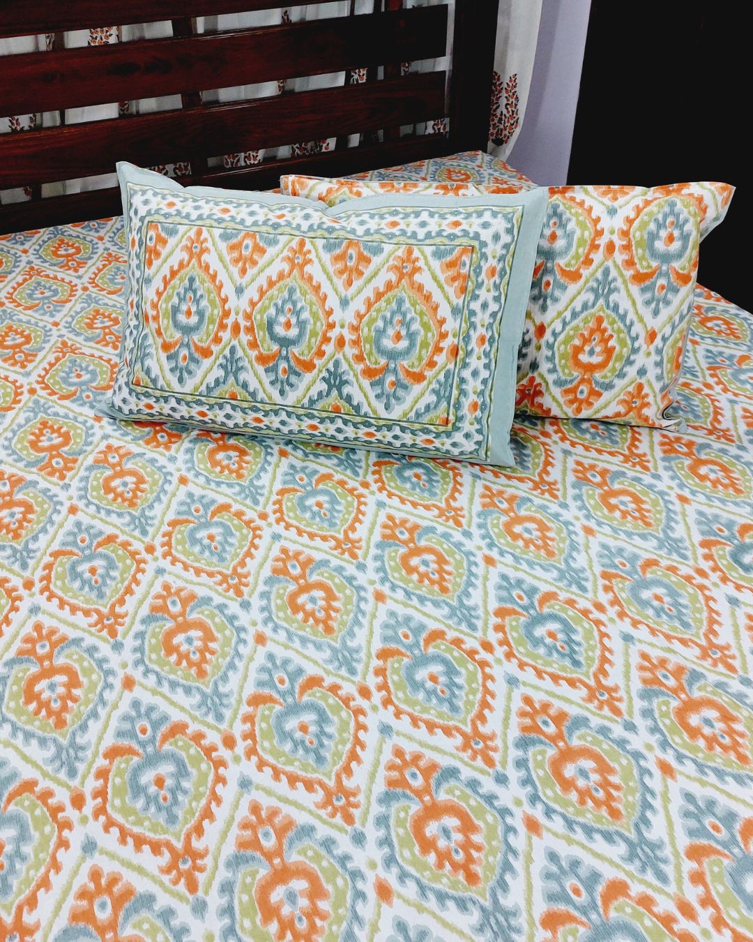 White Orange Floral Grid Pattern Hand Printed Double Bedsheet
