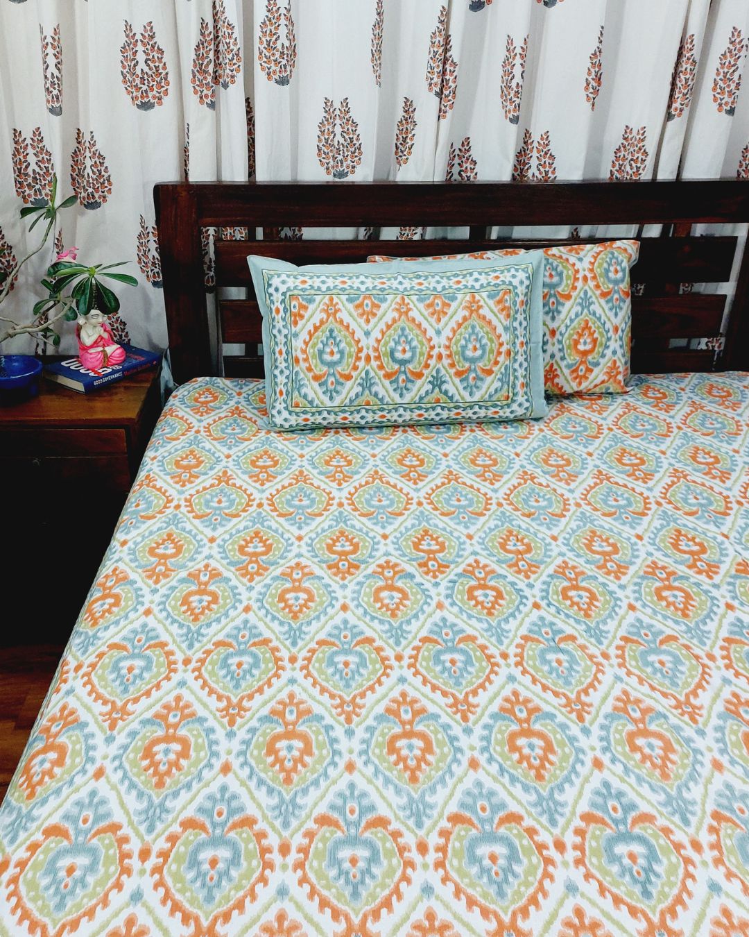 White Orange Floral Grid Pattern Hand Printed Double Bedsheet