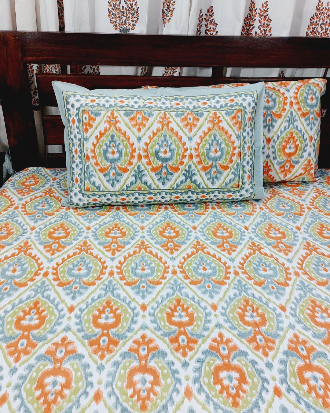 White Orange Floral Grid Pattern Hand Printed Double Bedsheet