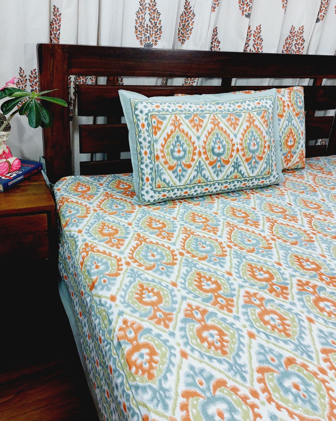 White Orange Floral Grid Pattern Hand Printed Double Bedsheet