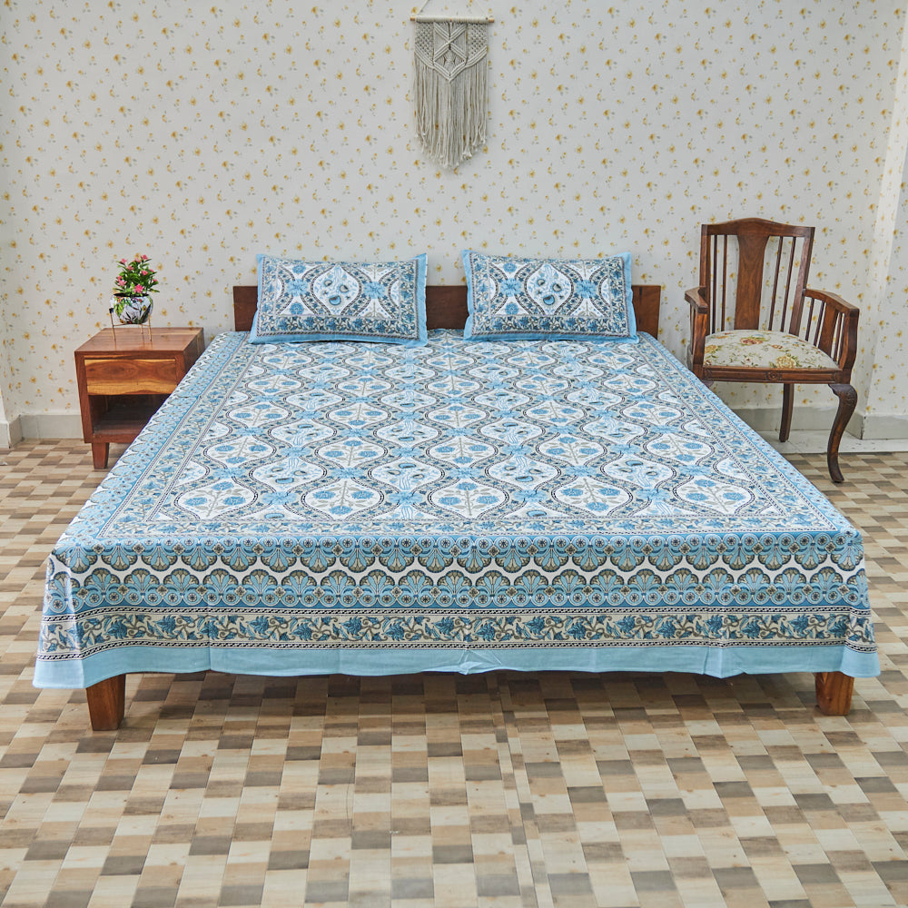 Cotton Long Bel White Deep Sky Blue Queen Size Bedsheet