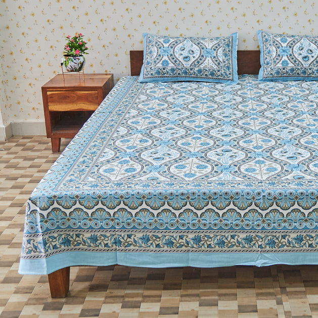 Cotton Long Bel White Deep Sky Blue Queen Size Bedsheet