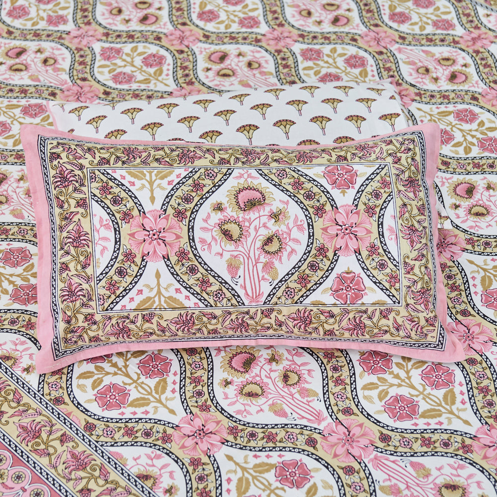Cotton Long Bel White Pink Flax Queen Size Bedsheet