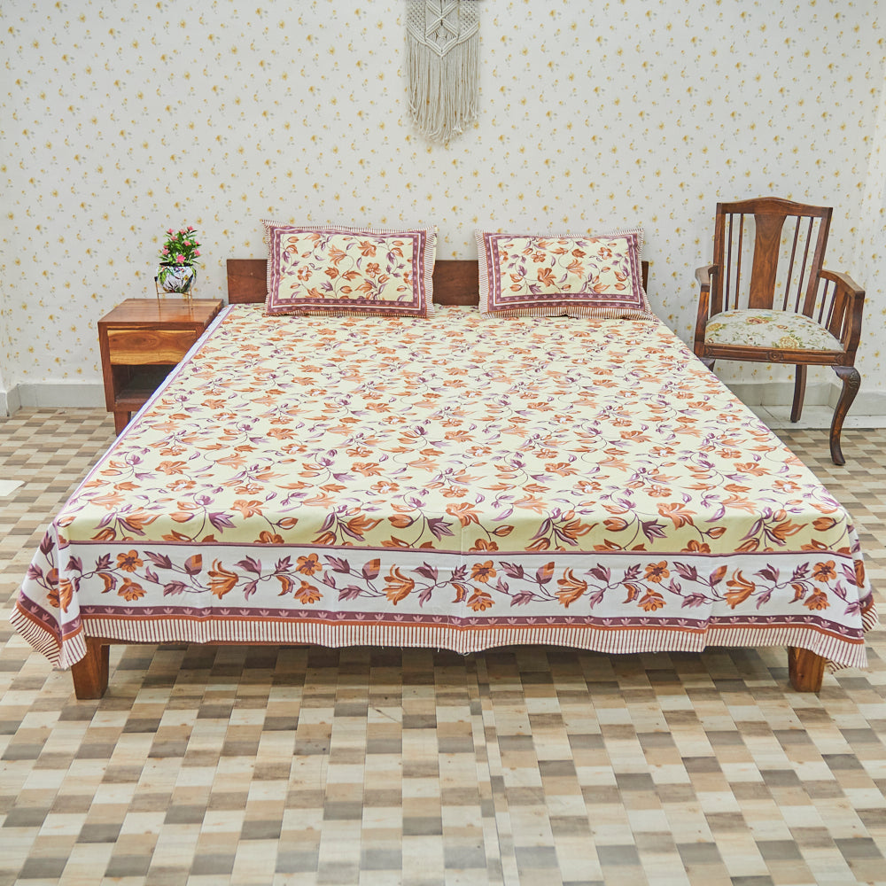 Cotton Light Yellow Orange Floral Queen Size Bedsheet
