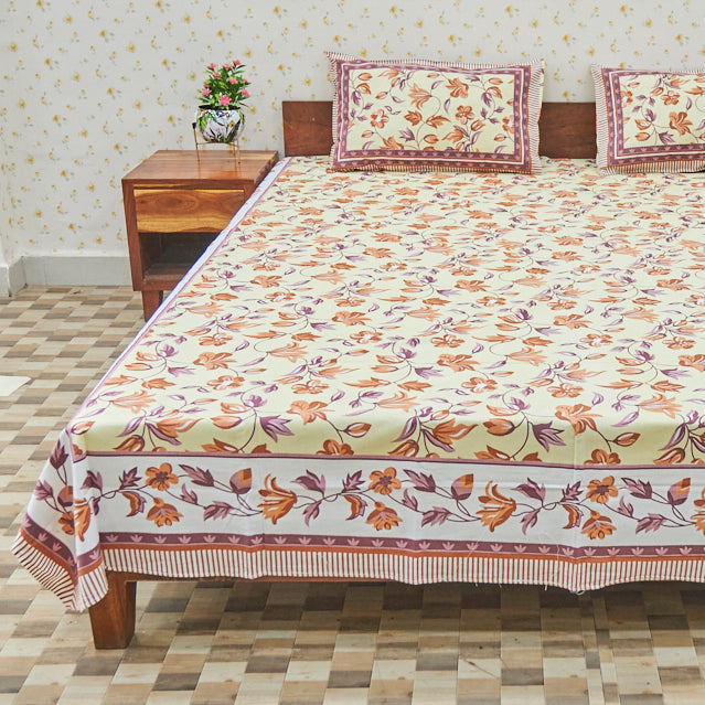 Cotton Light Yellow Orange Floral Queen Size Bedsheet