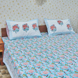 Cotton Sky Blue Floral Long Bel Print Queen Size Bedsheet