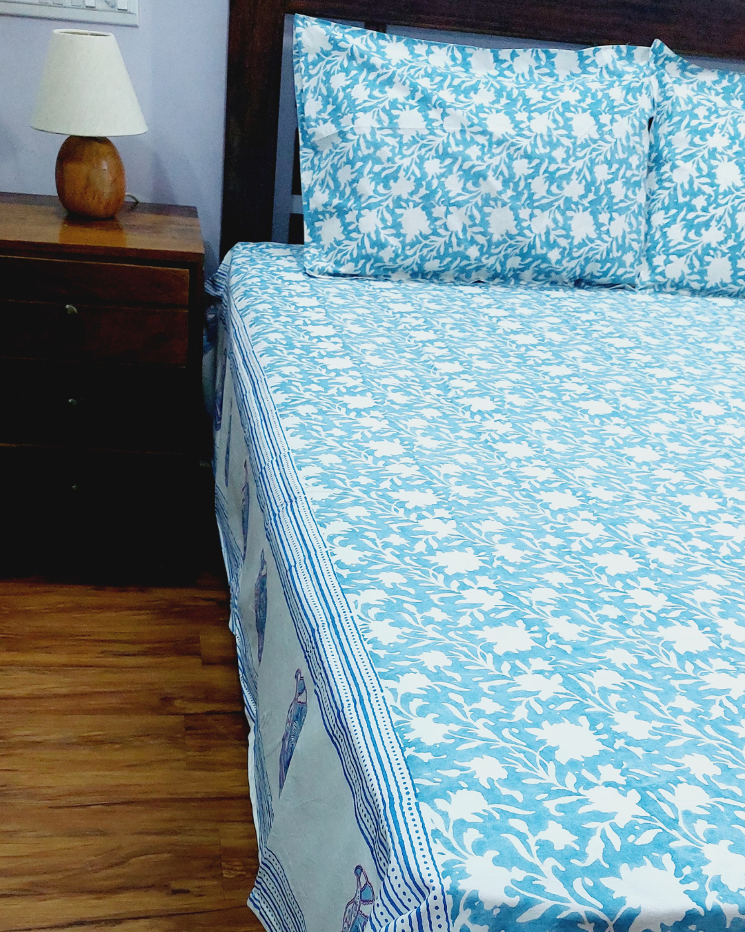 Fine Cotton Queen Size Bedsheet Blue White Floral Jaal Block Print