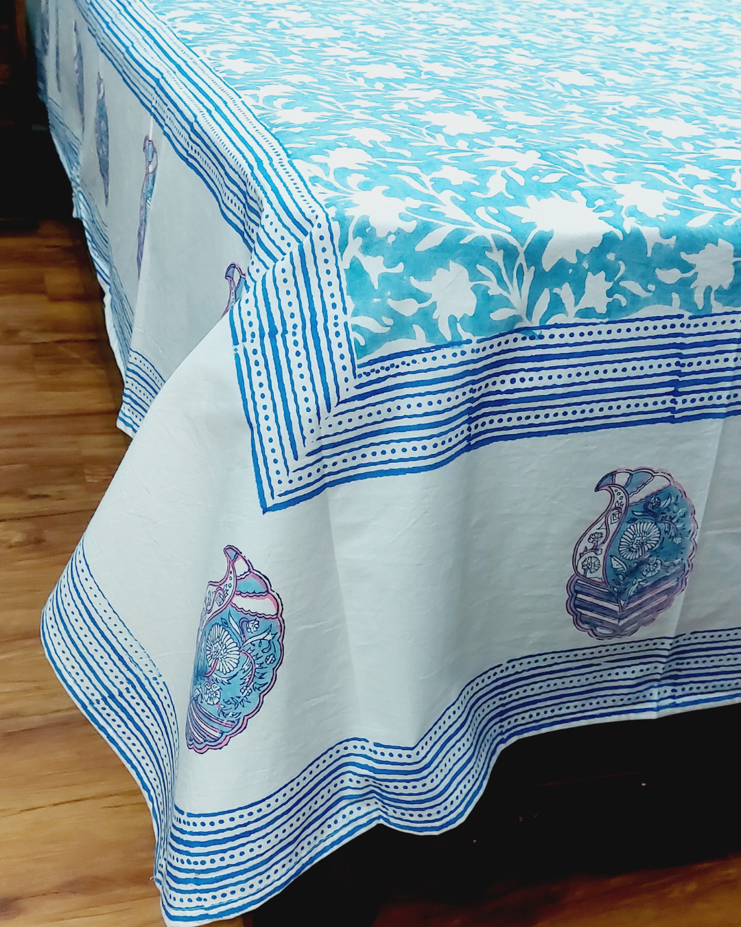 Fine Cotton Queen Size Bedsheet Blue White Floral Jaal Block Print